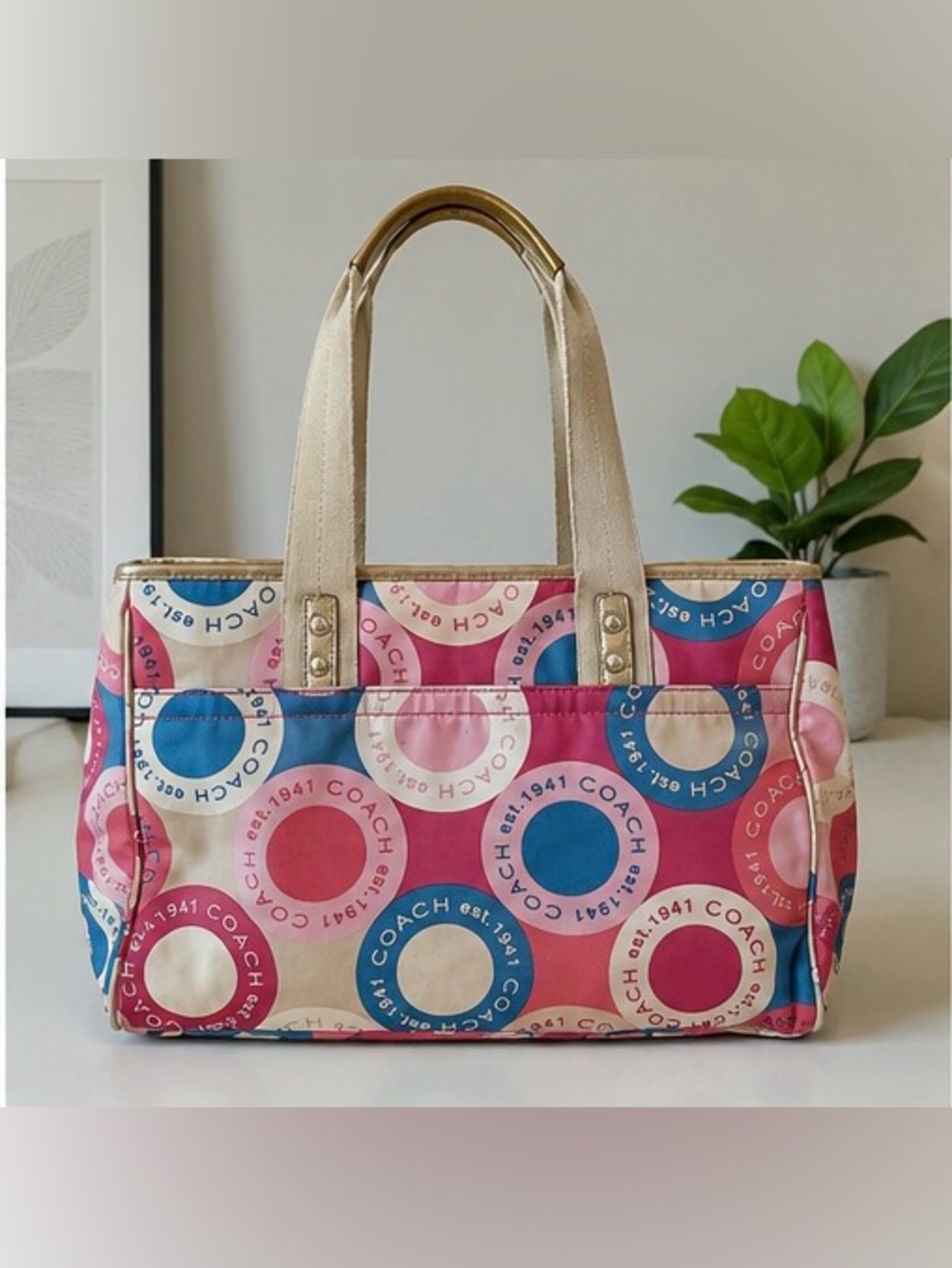 Coach Pink Blue Circle Print Tote Bag Y2K Est. 1941 - Picture 2 of 7